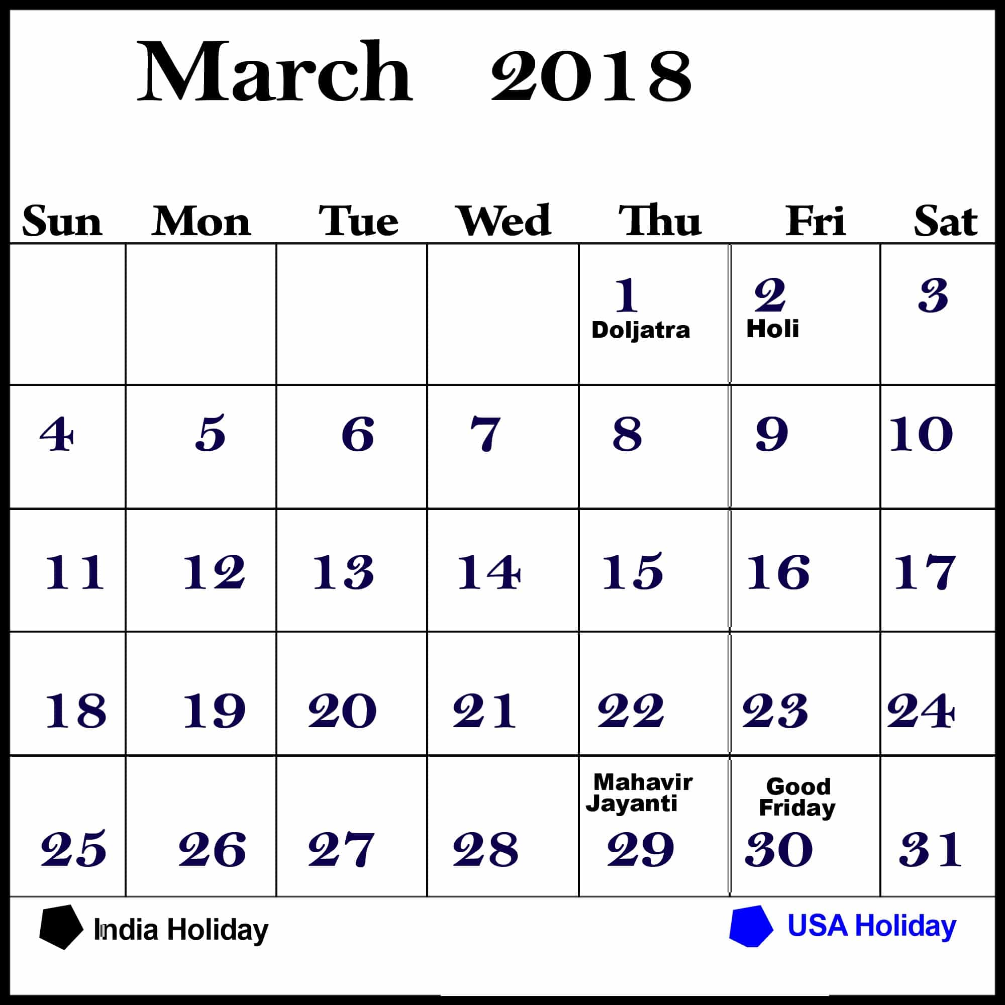 Monthly March 2018 Calendar Printable