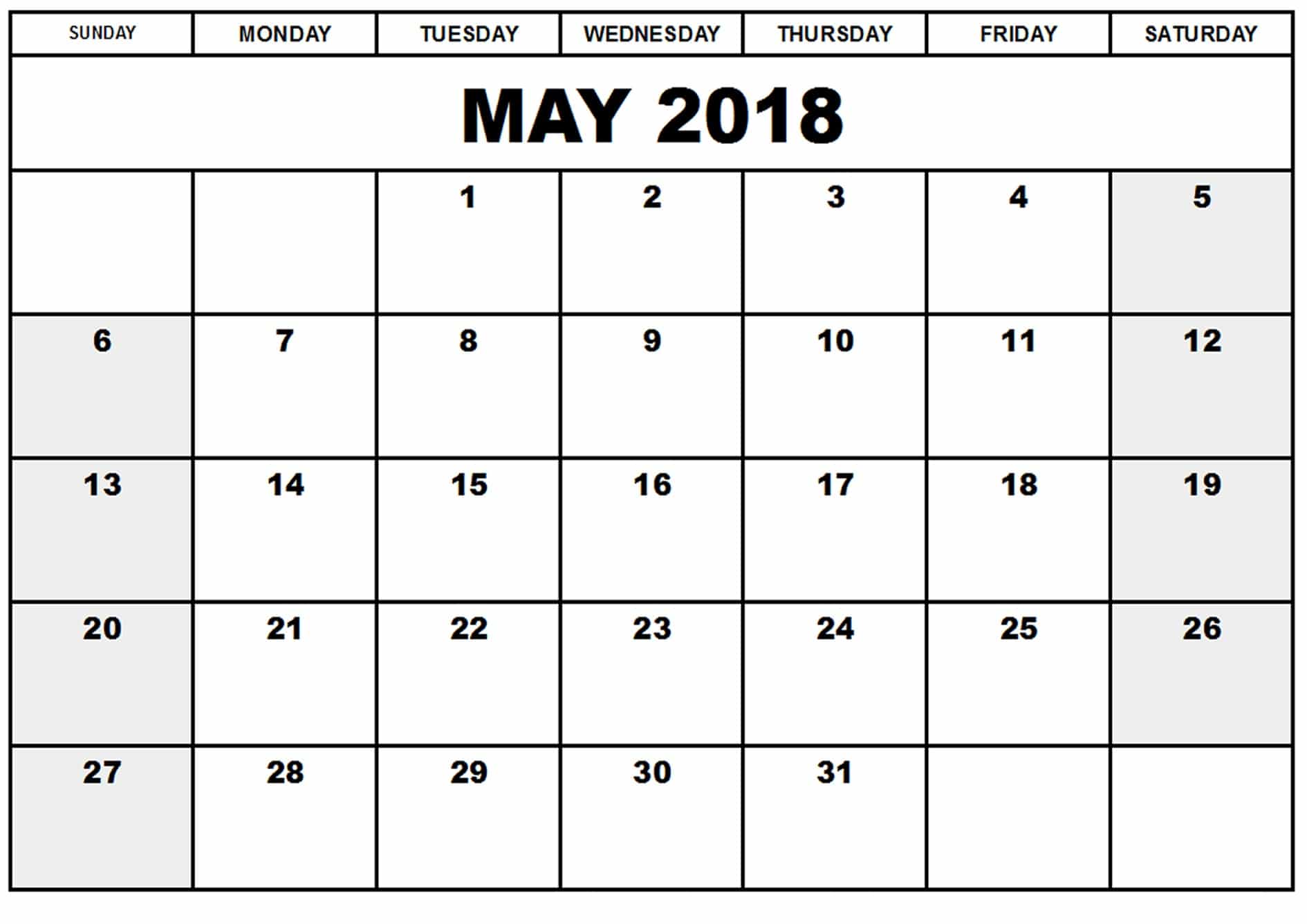 May 2018 Calendar With Us Holidays