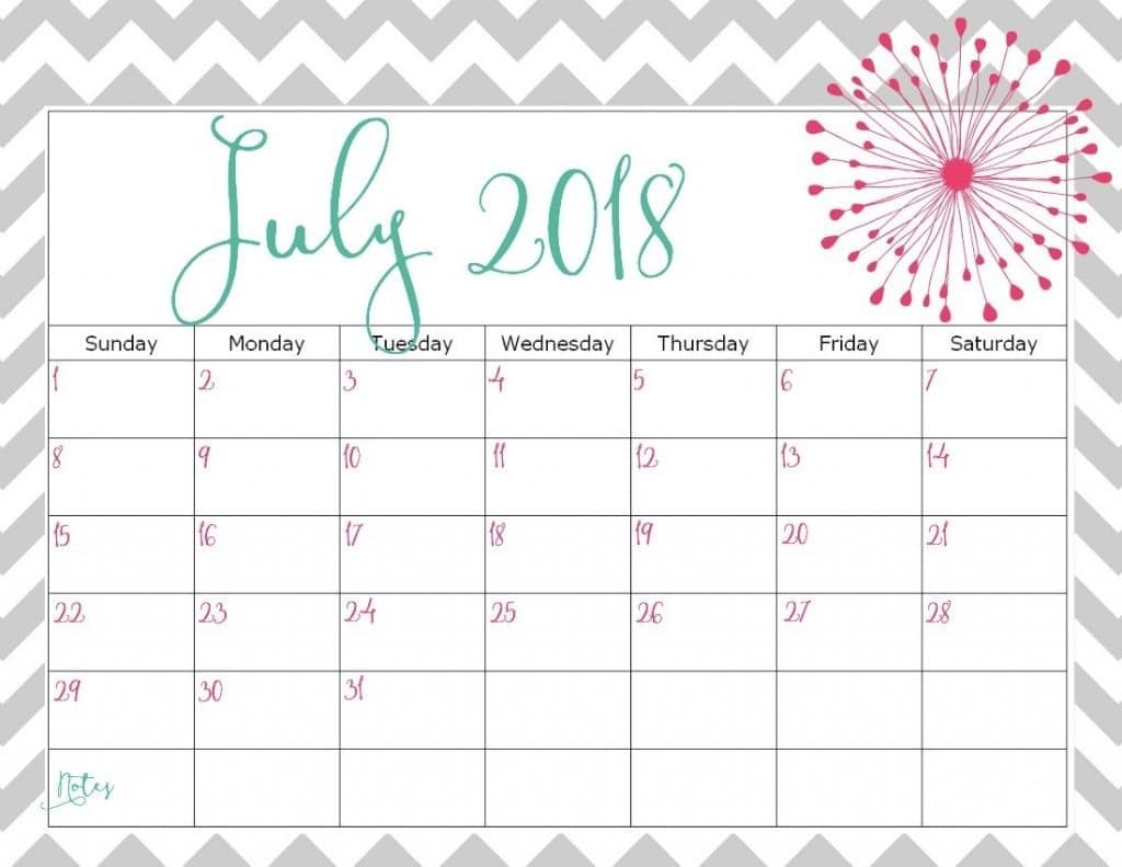 July Calendar 2018 Word