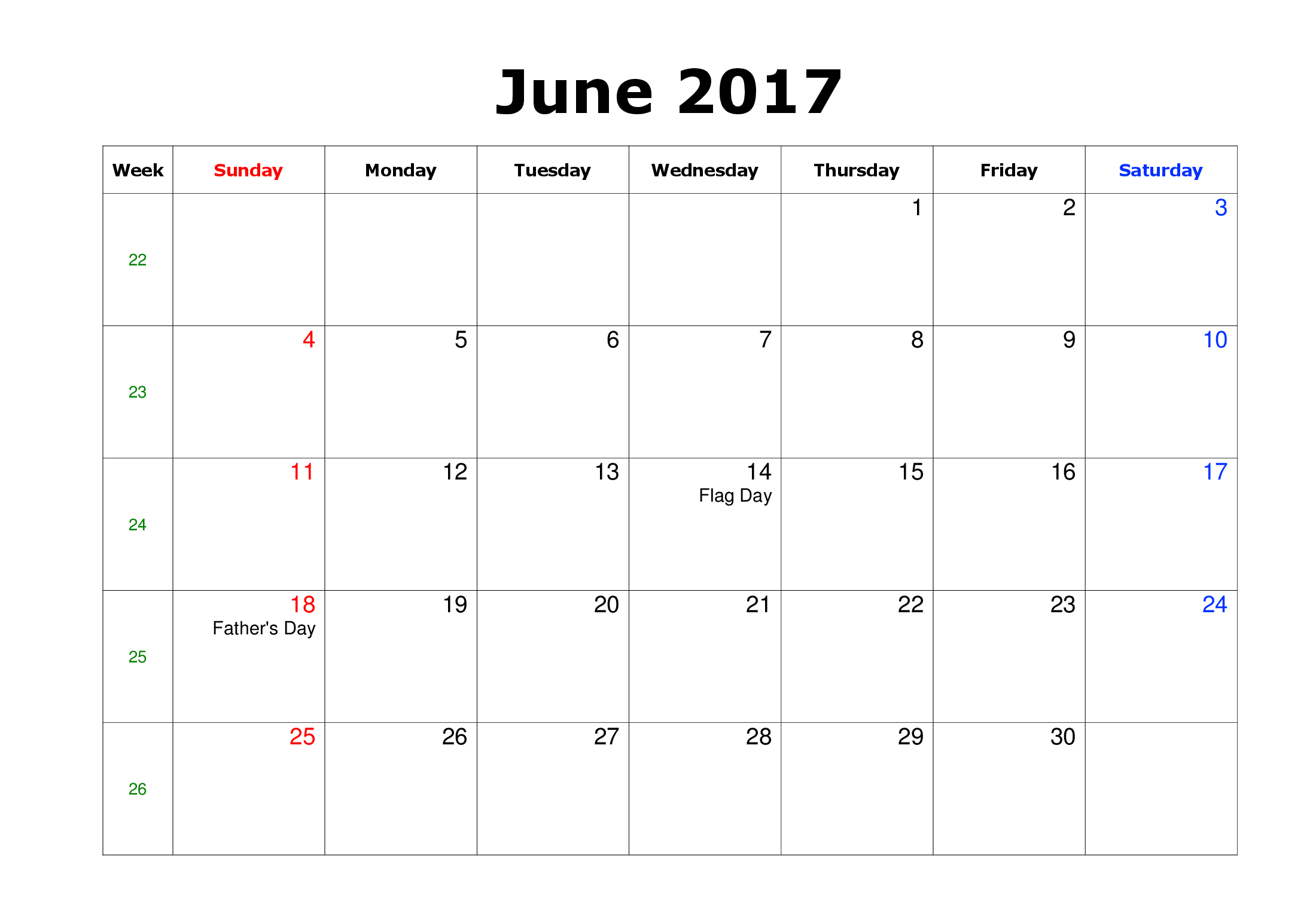 Free 2017 June Calendar Festivals