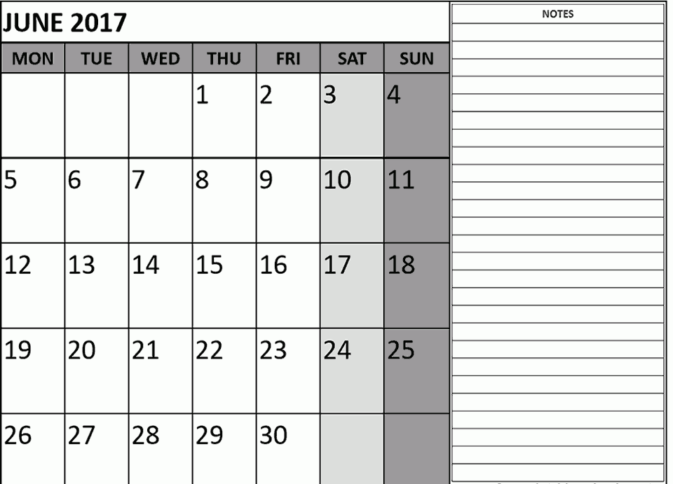Free June 2017 Calendar With Notes