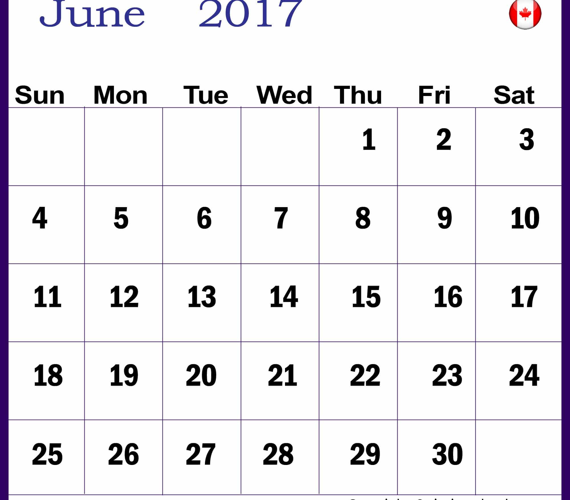 Free June 2017 calendar Canada