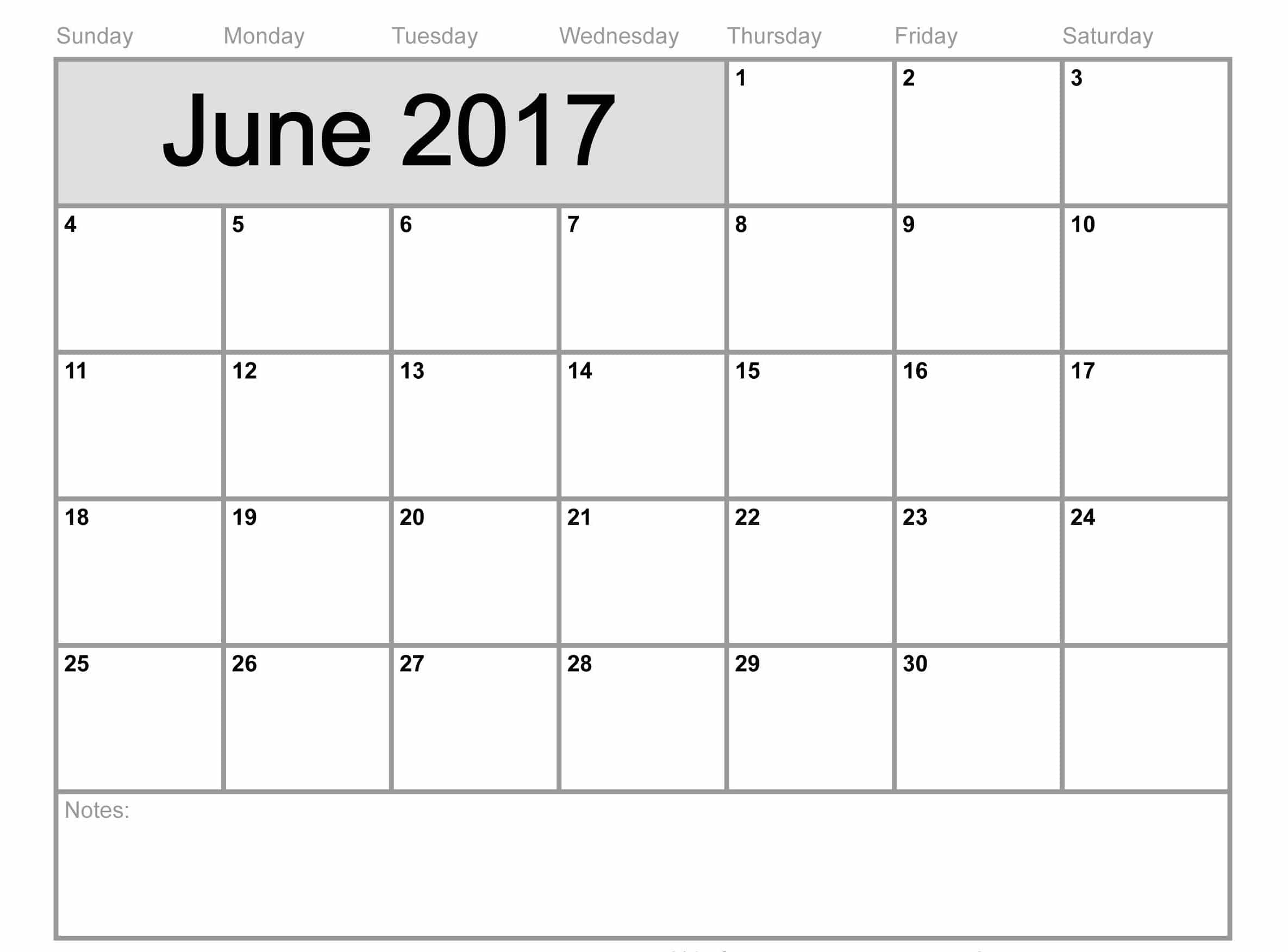June Calendar 2017 Excel,word,pdf