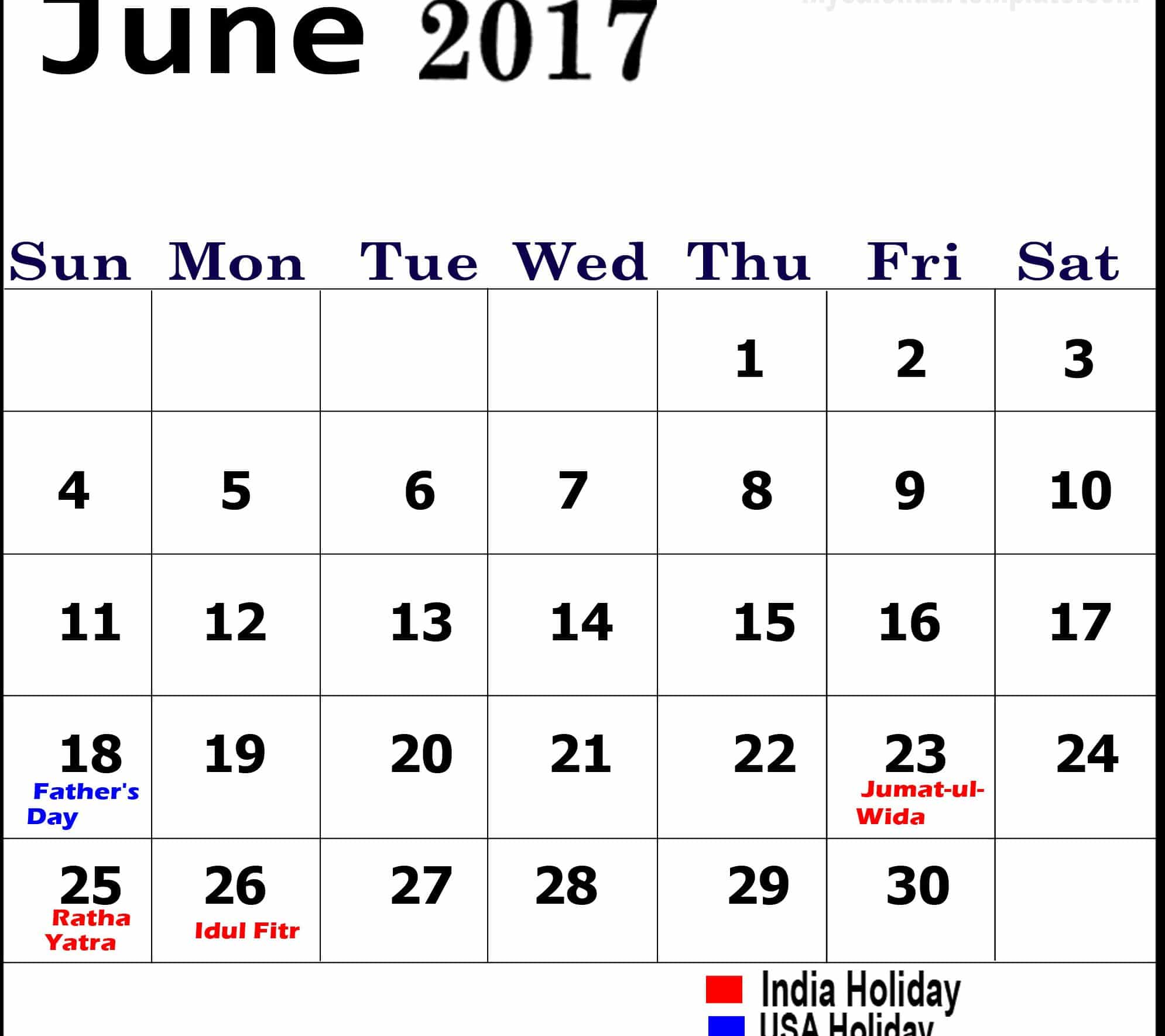 Free Online June 2017 calendar