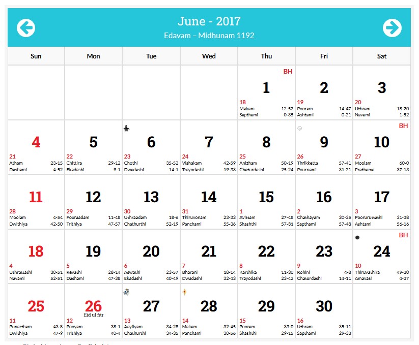 June 2017 Calendar In Malayalam