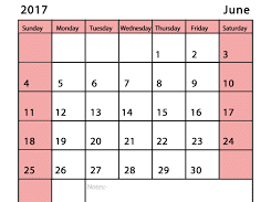 June Calendar 2017 Free Printable