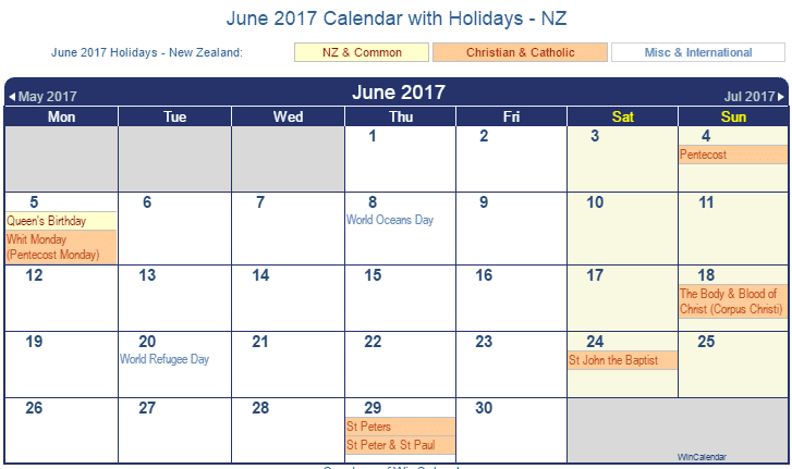 June Calendar 2017 Holiday In UK
