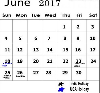 June Calendar 2017 In UK