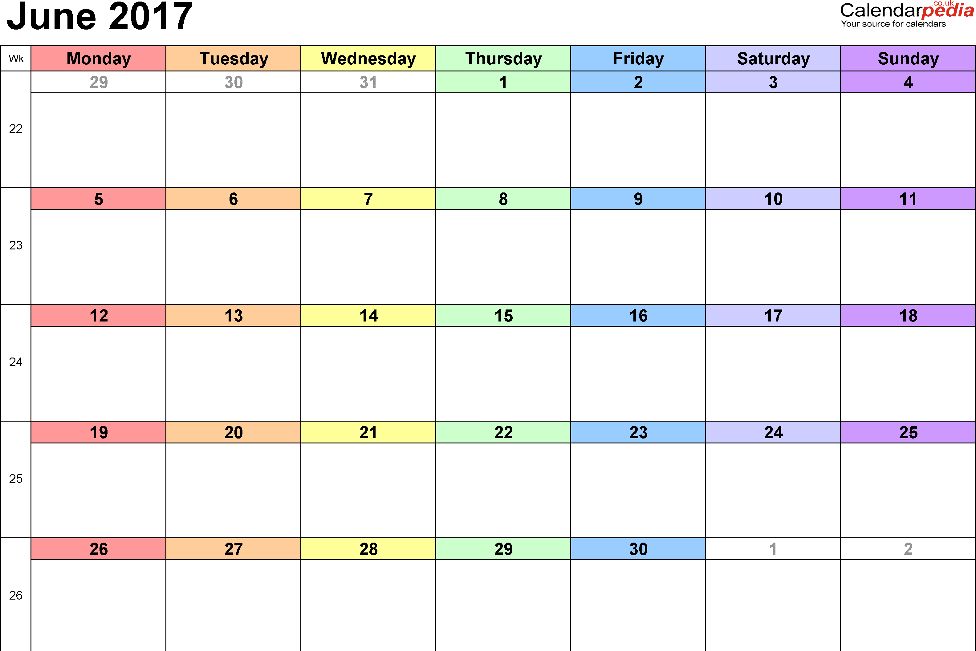  June Calendar 2017 Excel,word,pdf