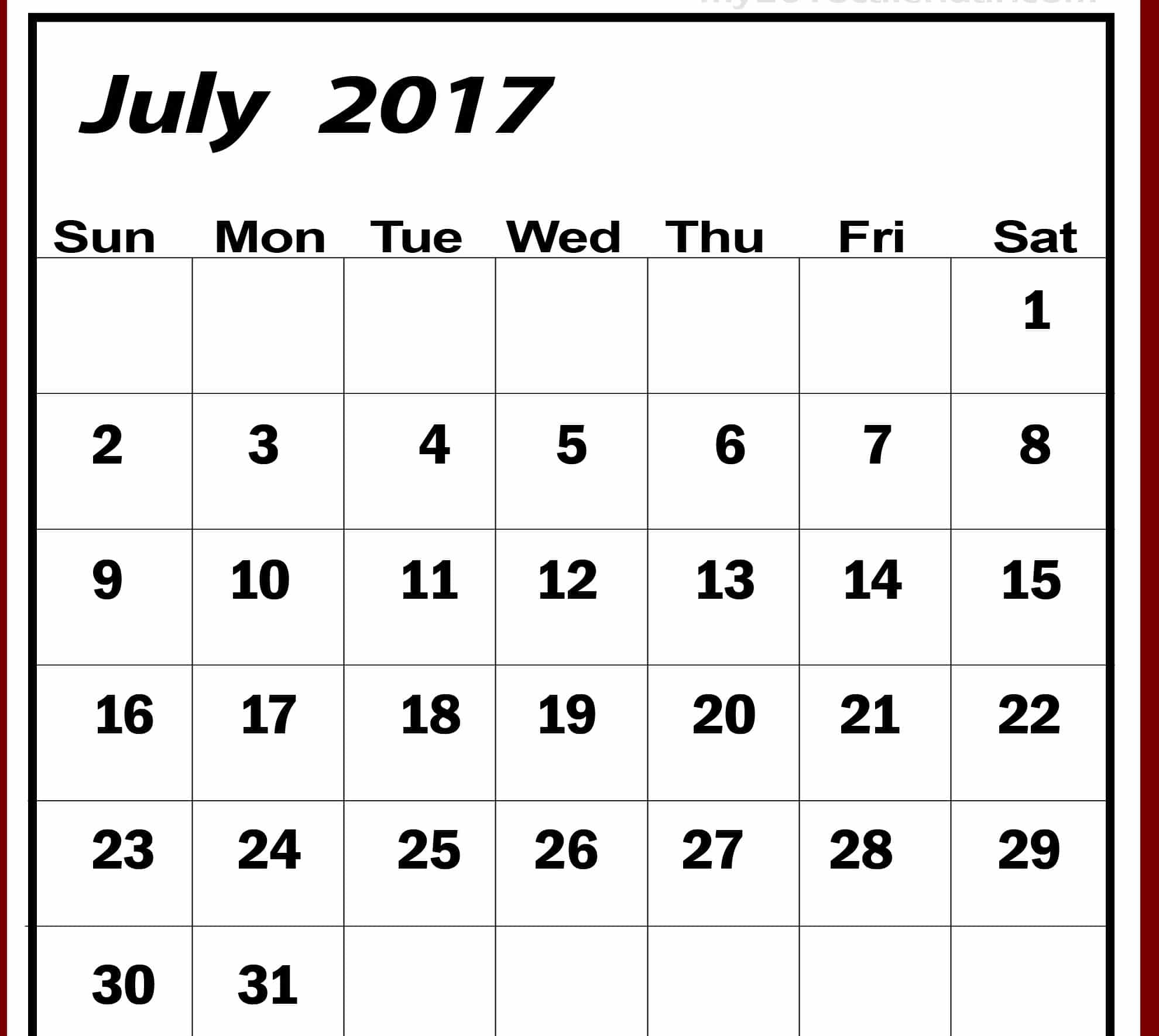 Monthly Calendar July 2017