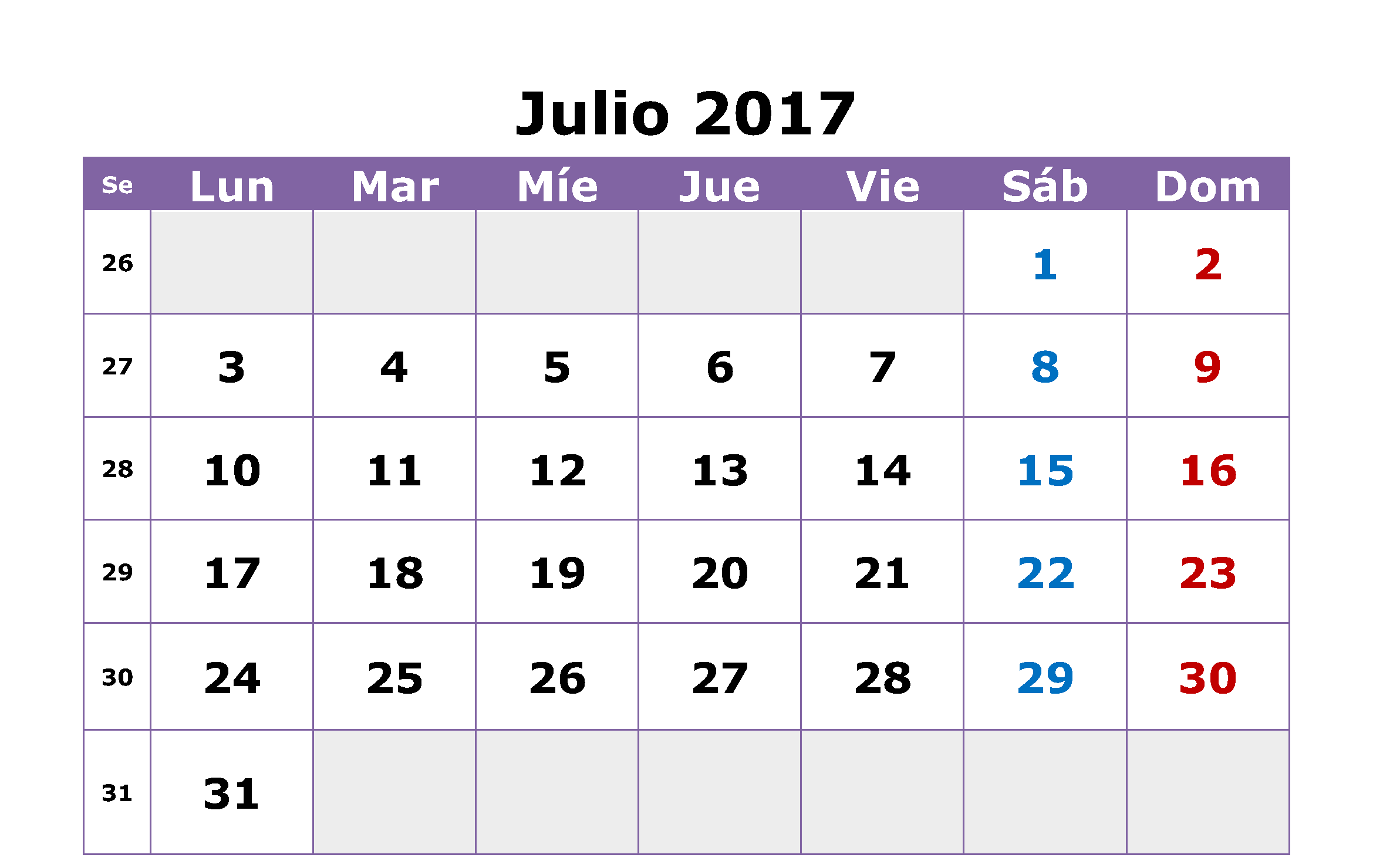 July 2017 Calendar In Spanish