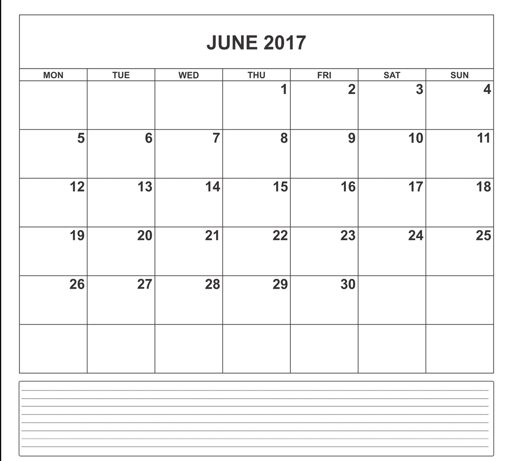 Online June 2017 Calendar With Notes