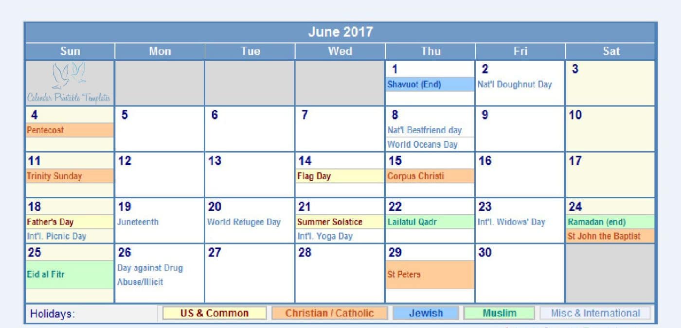 June 2017 calendar with holidays