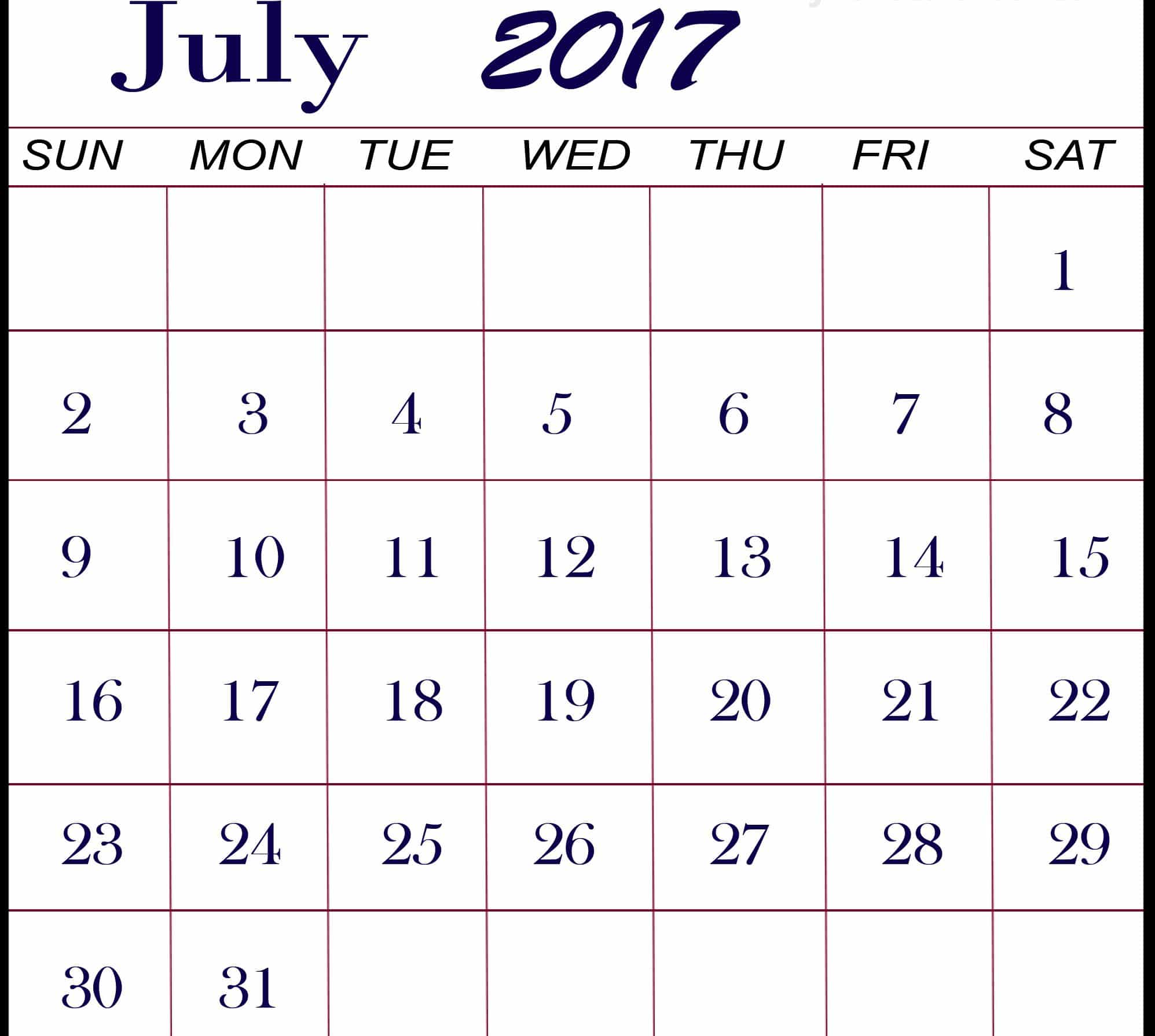 Monthly Calendar July 2017