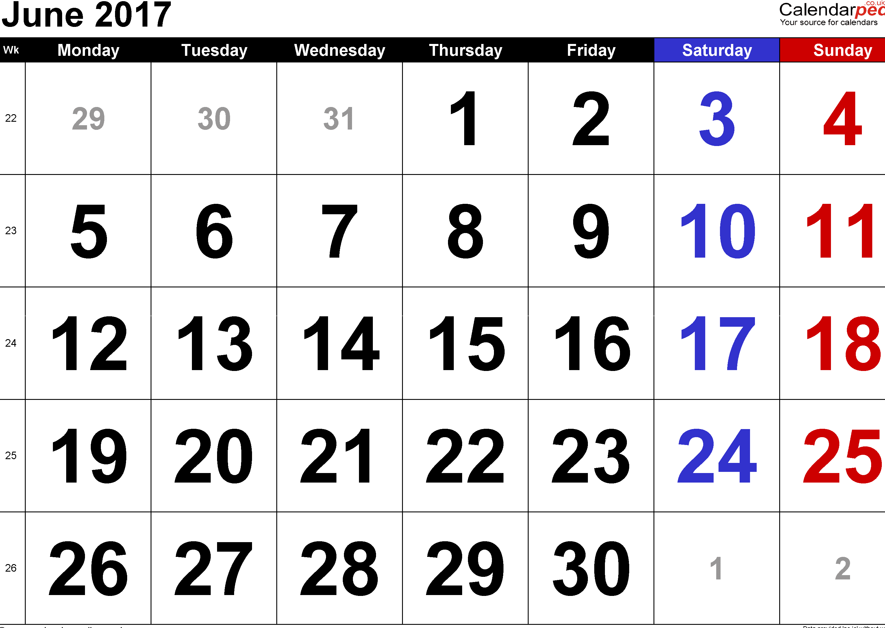 Printable June 2017 Calendar UK