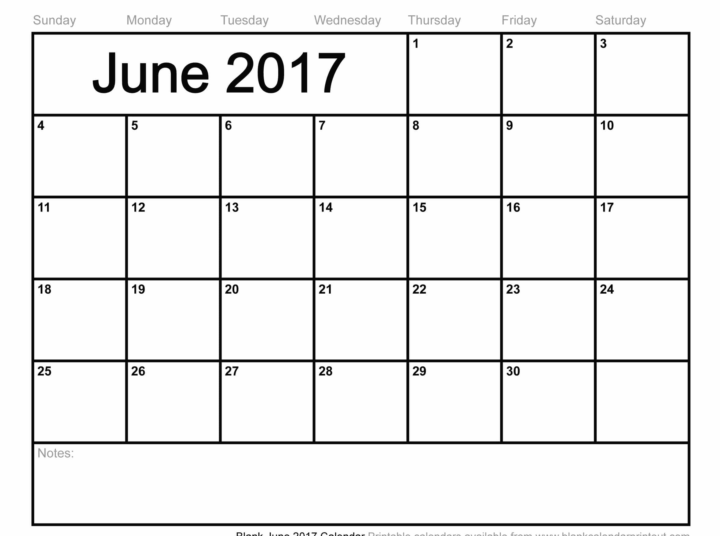 Printable June 2017 Calendar With Notes