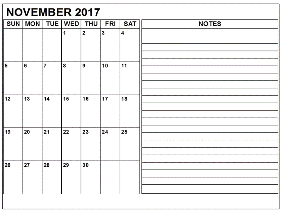 November 2017 Calendar with Notepad