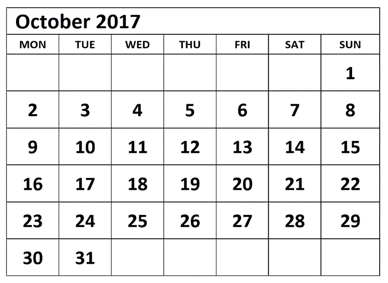 October 2017 Blank Calendar