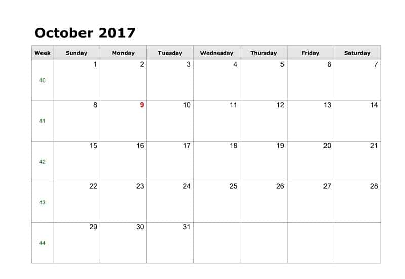 October 2017 Calendar Excel