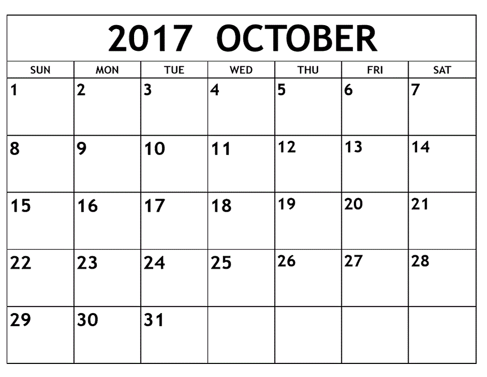 October 2017 Calendar for Print