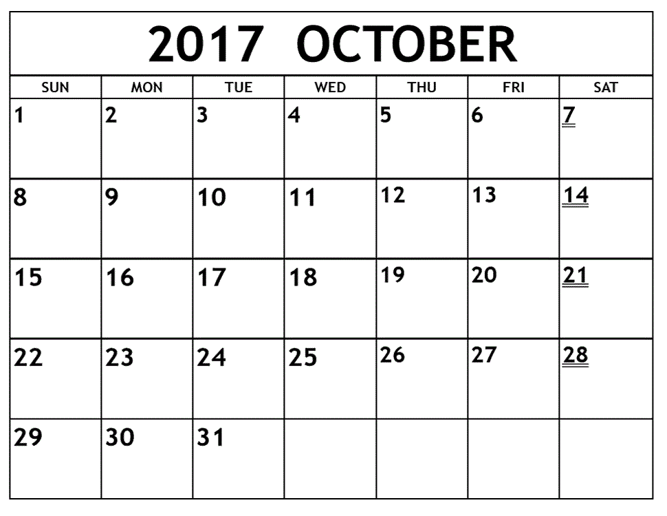 October 2017 Excel Calendar