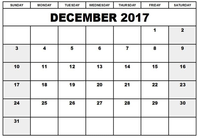 2017 December Calendar Template