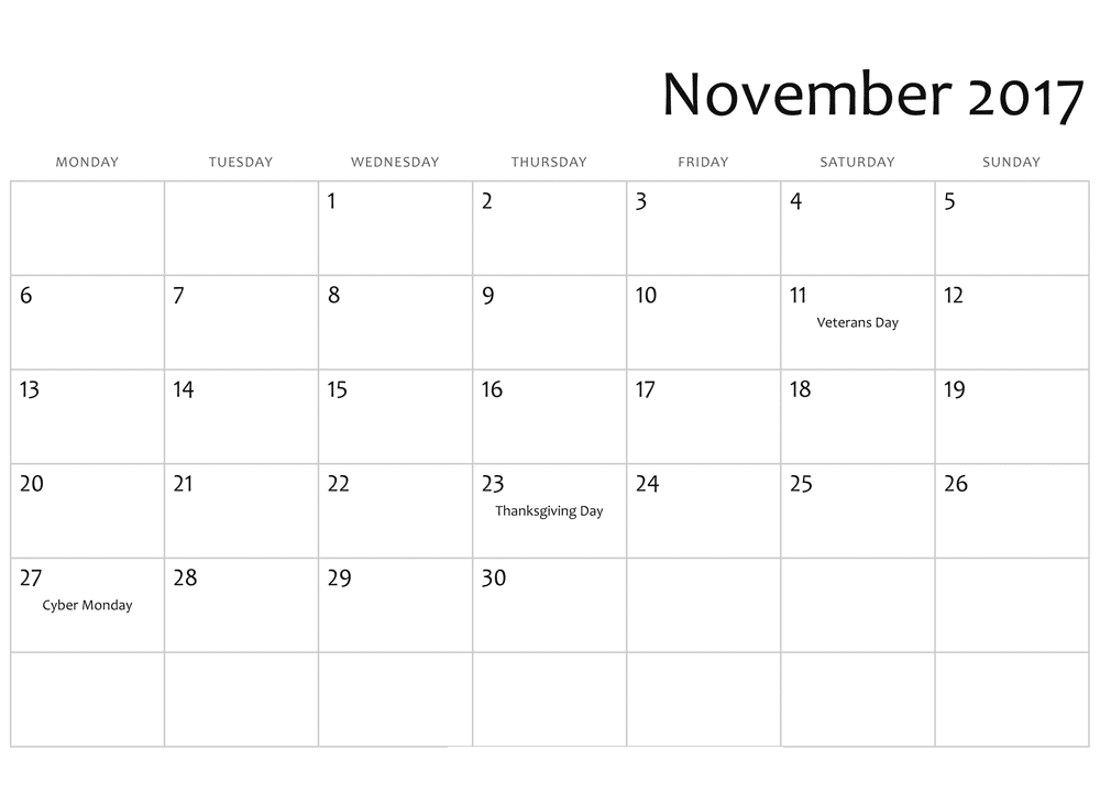 2017 November Calendar Blank