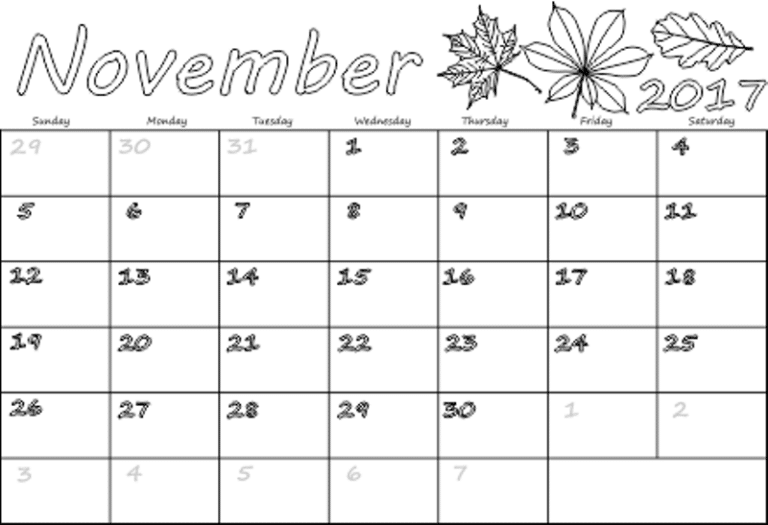 Printable November 2017 Calendar | Oppidan Library