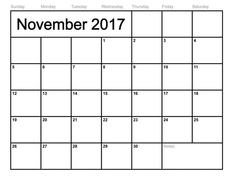 2017 November Calendar Printable Template