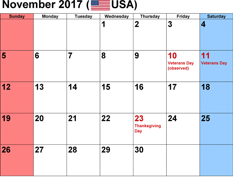 2017 November Calendar Printable