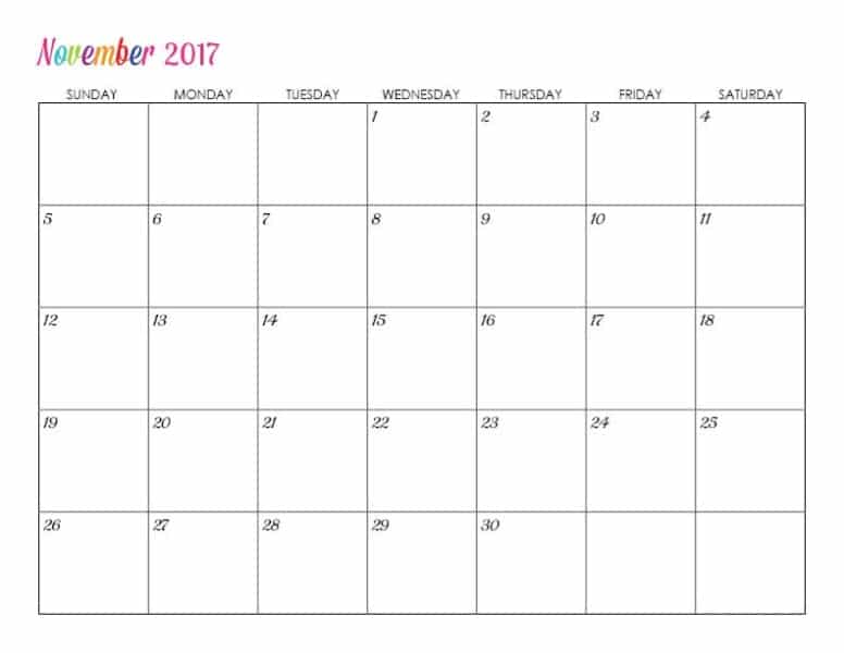 2017 November Calendar Printable Template