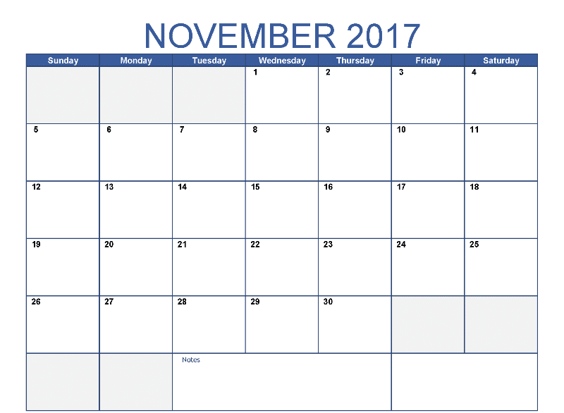 Blank Calendar 2017 November Printable Template With Holidays
