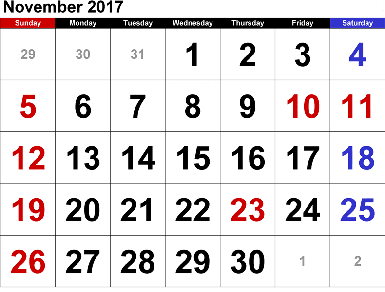 Blank Calendar 2017 November Printable