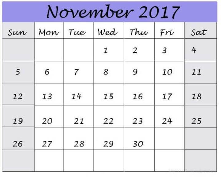 Calendar 2017 November Printable Template