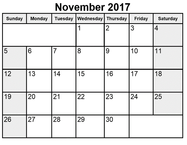 Calendar 2017 Blank November Printable