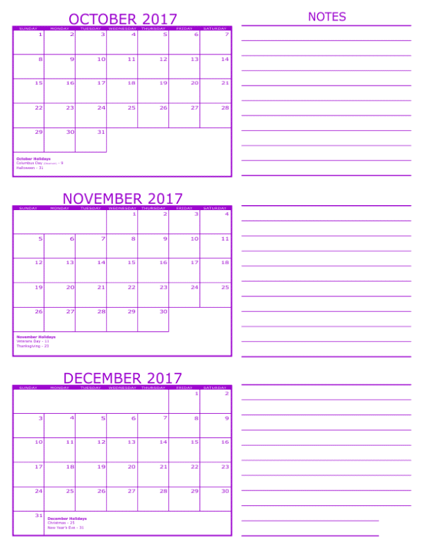 Calendar 2017 November December