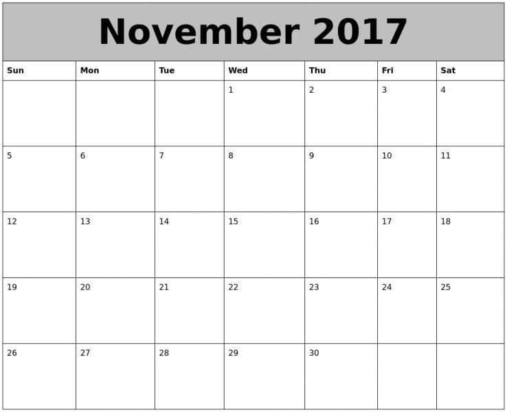 Calendar 2017 November Printable