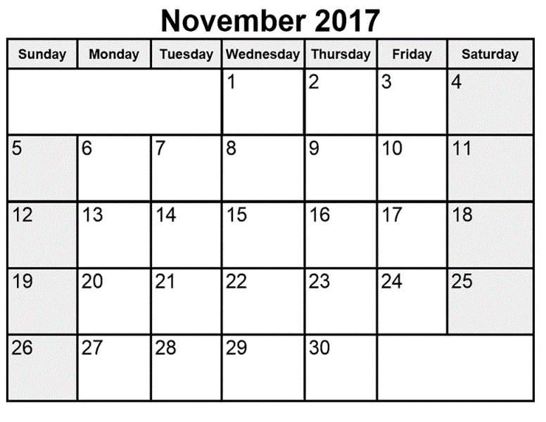 Calendar 2017 November Printable Template