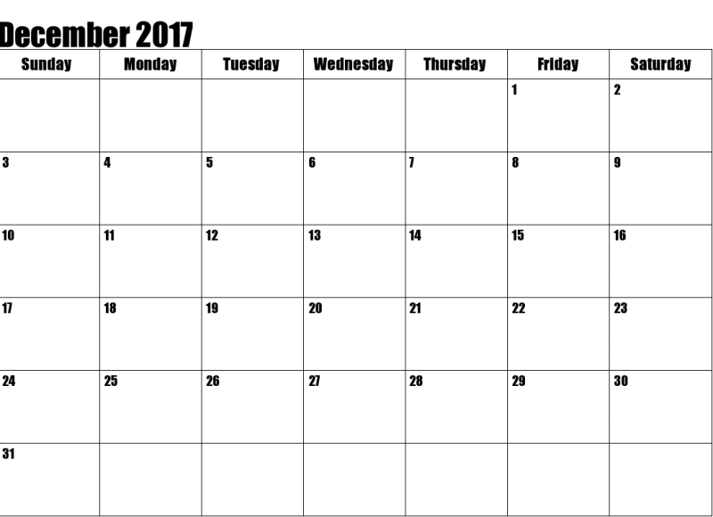 Calendar December 2017 With Holidays JPG