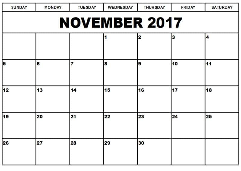 Calendar November 2017 Printable Template