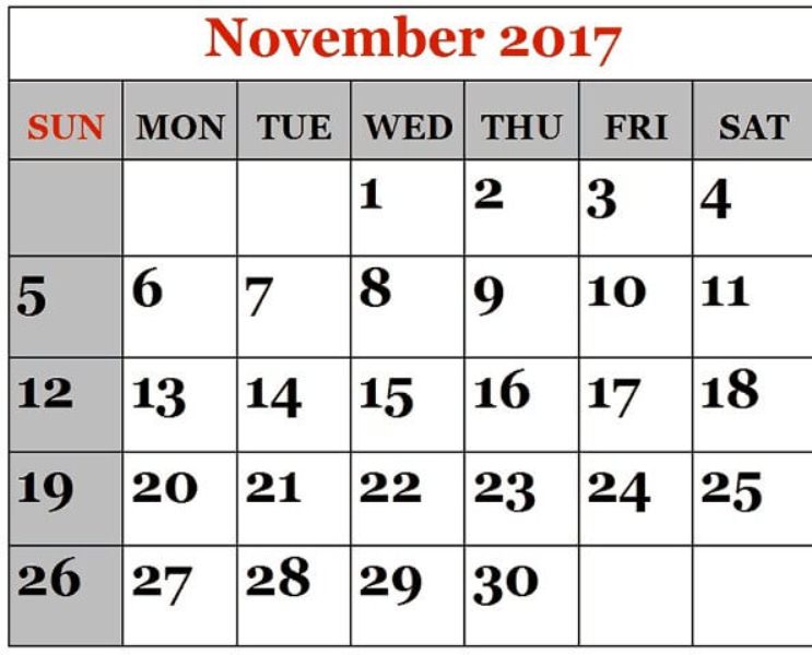 Calendar November 2017 Printable
