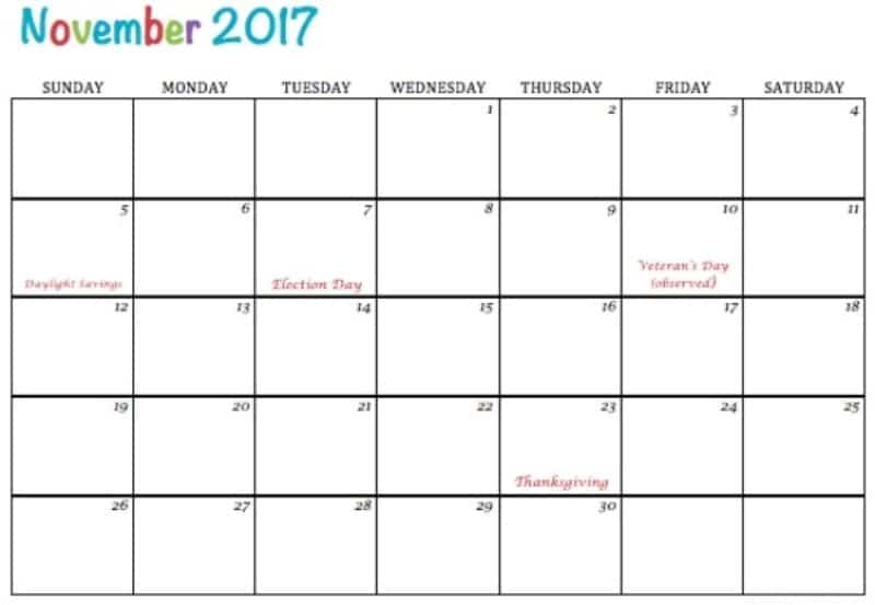 Calendar November 2017 Template