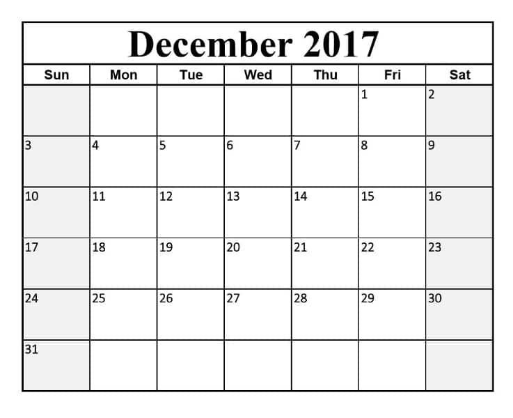 December 2017 Calendar Printable Template