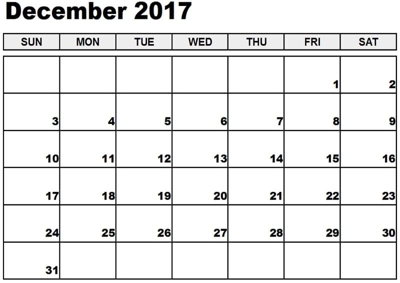 December 2017 Calendar With Holidays