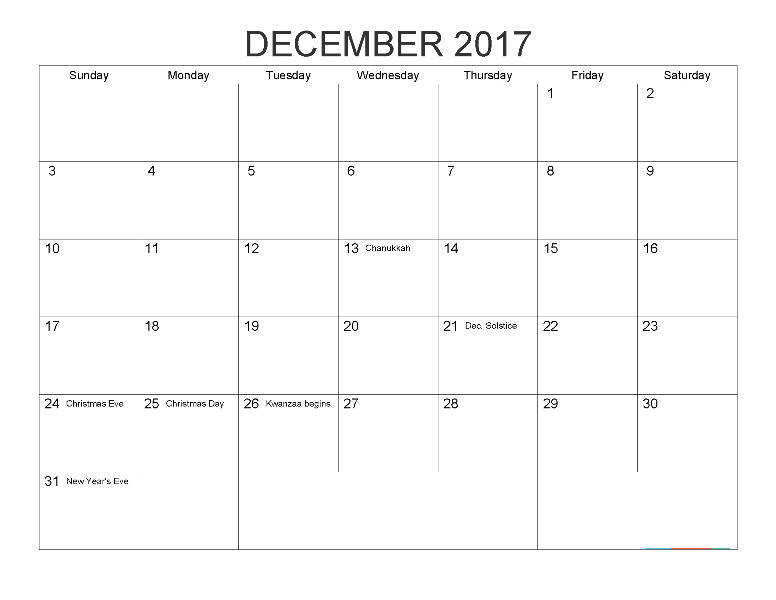 December 2017 Calendar With Holidays