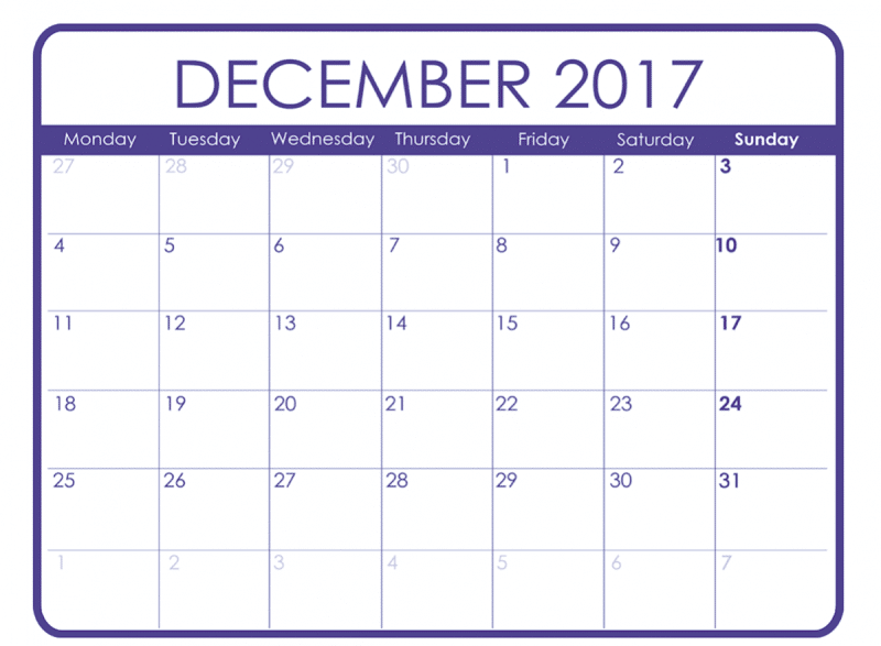 December Calendar 2017 Monthly Template