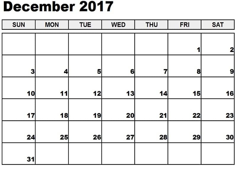 December Calendar 2017 Template 