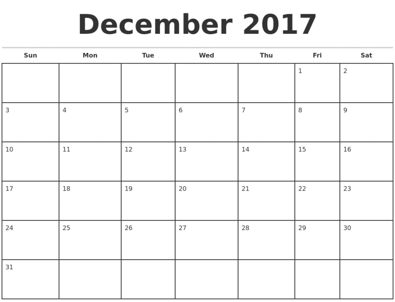 December Calendar 2017 Template