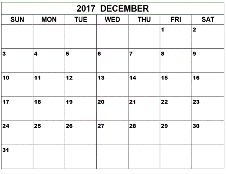 December Calendar 2017 With Holidays