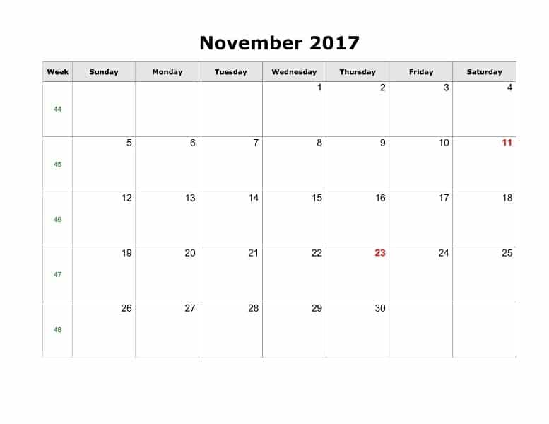 November 2017 Calendar Printable Template